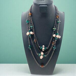 Jiu Long Xing Multi Strand Silver Boho Necklace Green Beads & pink Faux Pearls